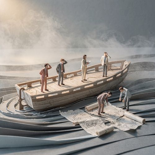 Alexander Christian - This picture depicts four people on a boat, and two outside on the shore - one one has any idea or strategy regarding where they want to go and how they are going to get their - it all of a fog - which is also part of the picture