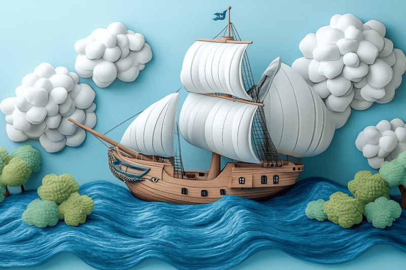 Alexander Christian Website - Blue Papercraft Image - Depicts a Sale Ship in calm waters - with a fair wind and land appoaching - this image is to signify a calmer situation