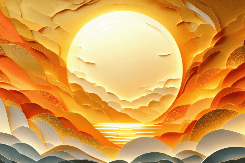 Image of a gold sun in the background, in the foreground  various coloured clouds framing the sun, there also a golden reflection on the sea