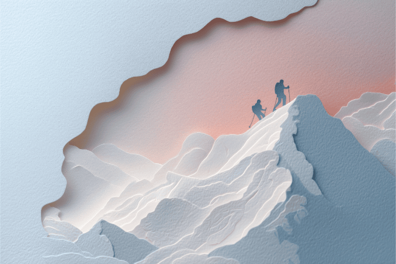 Two trekkers on a guide trekking in to the mountains and reach the peak