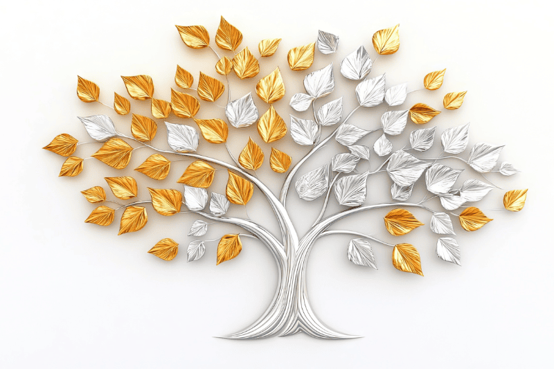 Silver tree with the right side silver leaves and the left gold leaves